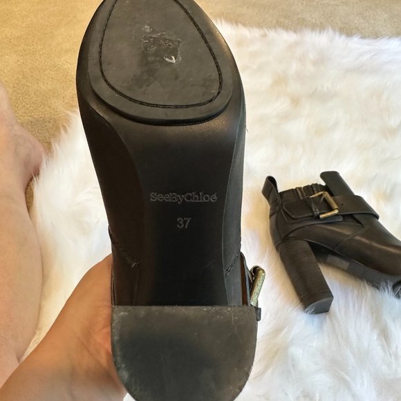 See by Chloe Ankle Boot Cappa Leather Boho Heeled Black Buckle Pull On Sz 6 - Picture 11 of 13